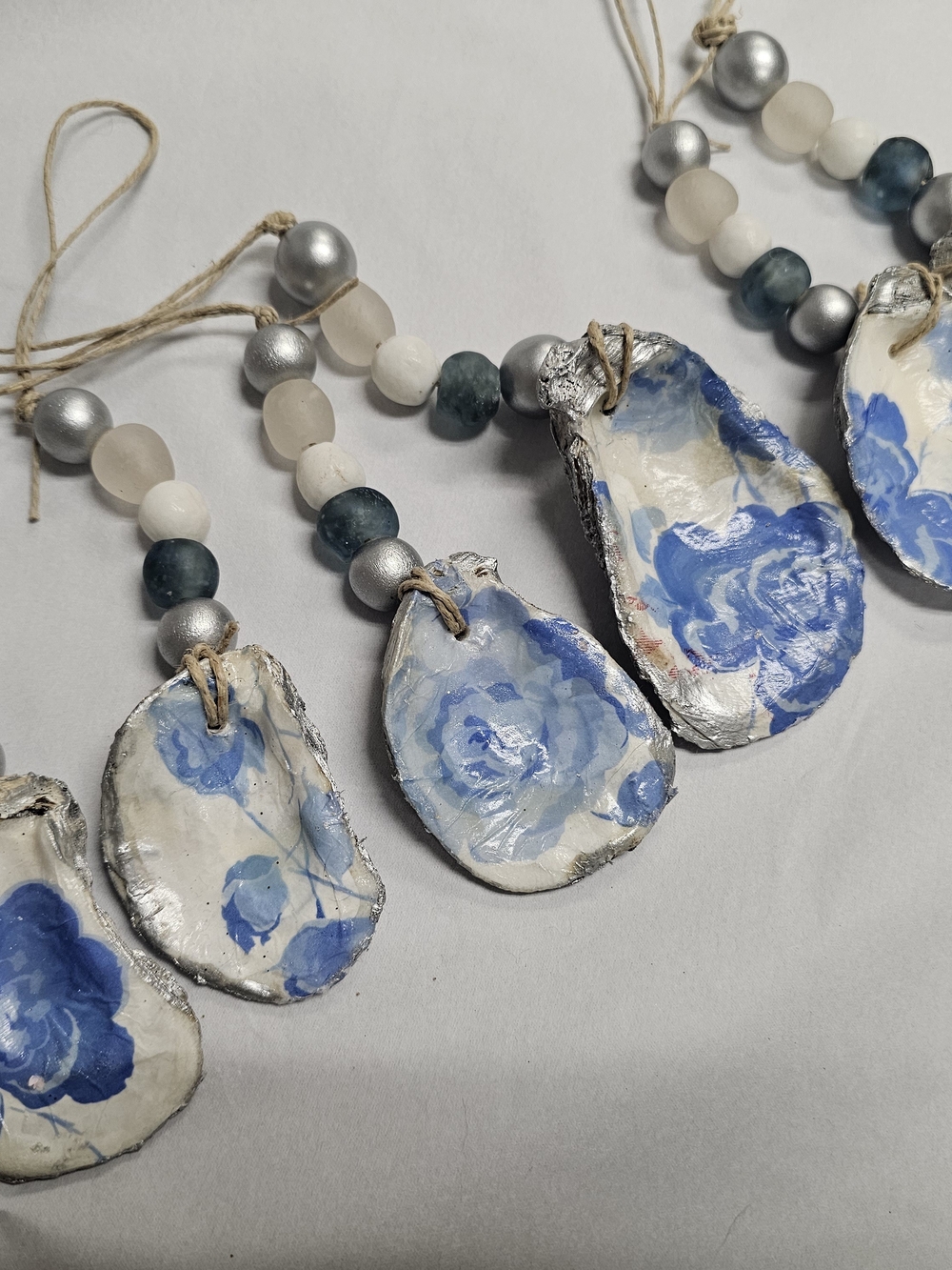 Hand-Painted Blue Floral Oyster Shell Ornaments Set Of 6